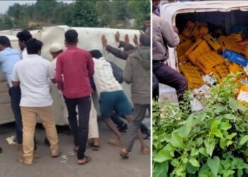 ಡಿವೈಡರ್ಗೆ ಡಿಕ್ಕಿ ಹೊಡೆದು ಪಲ್ಟಿಯಾದ ಹಾಲಿನ ಟೆಂಪೋ; ಬೀದಿಯಲ್ಲಿ ಹರಿದುಹೋದ ಹಾಲು..